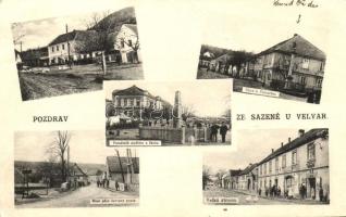 Sazená, Skola, Velka Strana, most, památnik padlym; Nakl. Ant. Vosmík / school, main street, military monument