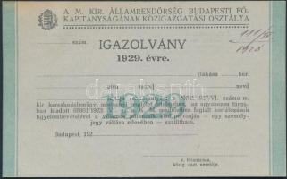 1929 Kutyaszállítási igazolvány,  A M. Kir. Államrendőrség Budapesti Főkapitányságának Közigazgatási osztálya, 9x14cm