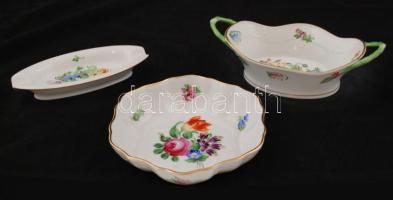 Herendi virág mintás tálkák (3db), kézzel festett, jelzett, hibátlan, 11×12 cm, 12×6 cm, 15×8 cm