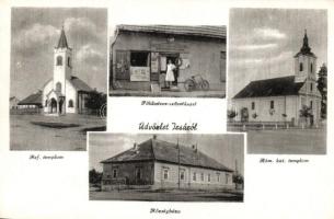 Izsa, Földmíves-szövetkezet, Községháza, Római katolikus és református templom / shop, town hall, churches