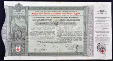 Budapest 1882. "Magyar szent korona országainak vörös-kereszt egylete" kisorsolási kötvény 5Ft-ról, osztrák bélyegzéssel T:III