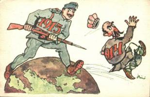 1914-1915 Humoros világháborús grafikai lap, kiadja a Magyar Földrajzi Intézet Rt. / Austrian-Hungarian military, WWI propaganda s: Biró (EK)