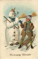 Karácsonyi üdvözlet. Hóemberes szánkós üdvözlőlap arany díszítéssel / Christmas greeting card with snowman and sledding boy. Golden litho