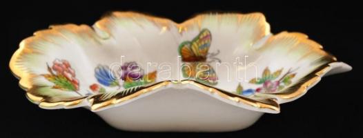 Herendi Viktória mintás leveles tálka, kézzel festett, jelzett, hibátlan, 15x8x3 cm