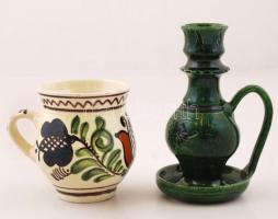 2 db Korondi mázas kerámia: gyertyatartó, jelzett, hibátlan, m: 16 cm + népi virágmotívumos bögre, j...