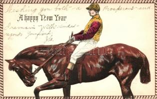 Boldog újévet! Happy new year! horse rider Emb. litho (EK)