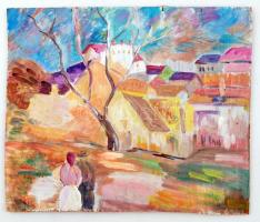 Olvashatatlan jelzéssel: Háztetők. Olaj, fa lemez, 34×40 cm