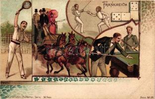 Frankreich / France, folklore, tennis, fencing, billiard; Nationalitäten-Postkarten Serie Dess. No. 32. litho