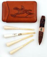 Bőr szivartartó tok lovast ábrázoló dombornyomással, benne egy szivarral és 4 db szipkával, jó állap...