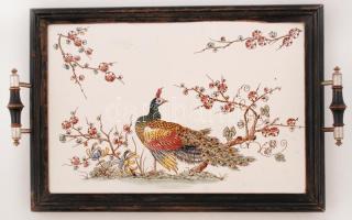 Antik pávás tálca, kézzel festett fajansz betéttel, apró sérüléssel, 24×33 cm