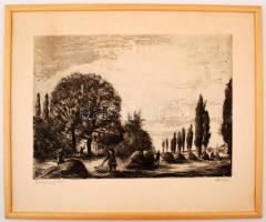 Élesdy István (1912-1987): Szénagyűjtők, rézkarc, papír, jelzett, fa keretben, 29,5×39,5 cm