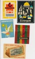 Vegyes magyar bőröndcímkék, 12 db (Dunaújváros, Pannónia Szálloda Sopron, Esztergom, SZOT Üdülő Budapest, Hotel Szabadság Budapest, Debrecen, Grand Hotel Margitsziget, Hotel Pannonia Miskolc, Hotel Vörös Csillag Szálloda Győr, Fertőd)