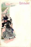 Drinking lady, greeting card litho (EB)