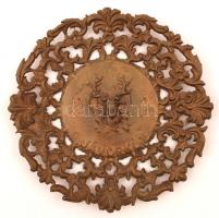 Régi áttört bronz falitányér, szarvasfejjel, "Jávorkút" felirattal, d:26 cm
