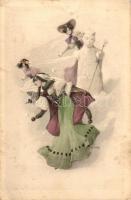 Snowball fighting ladies, snowman, Depose Serie 204. s: S. Hauby (fl)