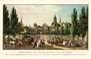 Leipzig, Messverkehr am Grimmaischen Tor um 1800; Verlag von Richard Pudor, Künstlerische Messpostkarte Serie 1. No. 3. s: C. G. Hammer (b)