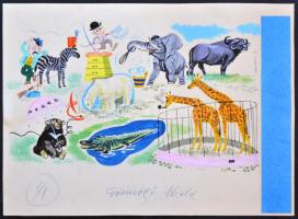 Takács Zoltán (1946-): Mesefigurák, akvarell, papír, jelzett, megjelent a Dörmögő Dömötör egyik 1971-es számában, 22x30cm