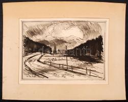 Olvashatatlan jelzéssel: Alacsony-Tátrához, linómetszet, papír, paszpartuban, 24,5×34 cm