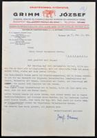 1957 Bp., Grimm József Zongora Készítő és Hangoló Mester Zongora és Harmonium Terme díszes fejléces papírjára írt német nyelvű levél