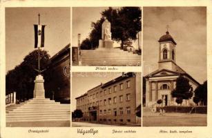Vágsellye, Járási székház, országzászló, hősök szobra, katolikus templom / office, flag, monument, Roman catholic church