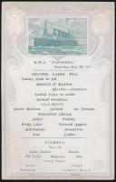1911 RMS Pannonia utasszállító hajó május 20-i étlapja, dombornyomott, szecessziós kártya