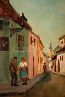 Széky jelzéssel: Utcarészlet. Olaj, karton, sérült antik keretben, 48×64 cm