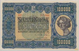 1923. 100.000K "Orell Füssli Zürich", "MINTA" perforcióval, piros "000" számozással T:I,I- egyik sarkon ragasztásnyom, szélen apró hajlások Hungary 1923. 100.000 Korona "Orell Füssli Zürich", "MINTA" perforated, red "000" serial number C:UNC,AU one corner with gluemark, on the edge tiny bends Adamo K46M1a