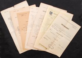 cca 1916-1945 Lovaghy István (1898-?) festő, gyömrői iskolaigazgató vegyes iratai: iskolai bizonyítványok, püspöki áldással, egyházi száraz pecséttel, származási igazolás, igazolóbizottsági határozat, stb., összesen 7 db