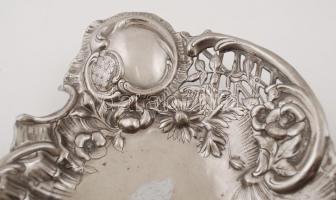 Ezüstözött alpakka neonrokokós gyümölcsös tál, kopott festéssel, 36×27 cm