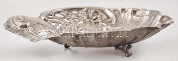 Ezüstözött alpakka neonrokokós gyümölcsös tál, kopott festéssel, 36×27 cm