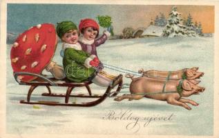 New Year, children, pig sled, mushroom, Z.D.B. 4703. litho