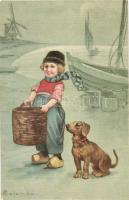 Italian art postcard, Dutch child, dog, Ultra 2115. s: Colombo (pinholes)