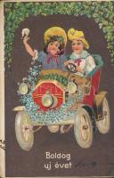 New Year, children couple, automobile, clovers, Emb. litho (EB)