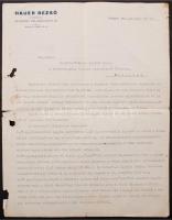1932 Hauer Rezső Cukrász levele dr. Schef-Dabis László urnak a Bakterológia intézet főorvosának a műjég silány minőségéről. Kissé viseltes állapotban, 30x23cm