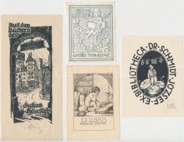 4 db különféle ex libris, fametszet ill. klisé, papír, egy részük jelzett, különböző méretben