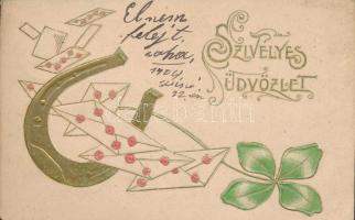Greeting card, horse shoe, clover, golden Emb. litho (Rb)