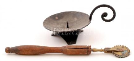 Réz-fa derelyevágó + kovácsoltvas kézi gyertyatartó