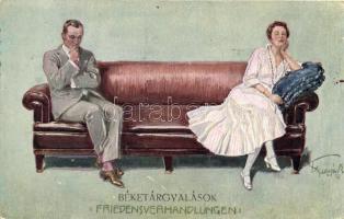 Béketárgyalások Romantic couple postcard, humour, artist signed