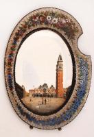 Régi ovális tükör, Velence kézzel festett látképével, szép mozaikos díszítéssel, fém keretben, 28x21 cm
