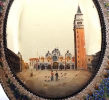 Régi ovális tükör, Velence kézzel festett látképével, szép mozaikos díszítéssel, fém keretben, 28x21...