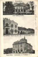 Nagymihály, Gróf Sztáray-kastély, takarékpénztár, kereskedelmi és hitelbank; ifj. Grünfeld Mór kiadása / castle, bank buildings