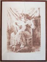 cca 1950 Kiss Terézia: Gitáros lány grafika keretben (törött üveg)  50x36 cm