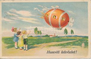 Húsvéti üdvözlet, litho, Easter, children, egg-airship, litho