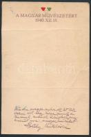 1940 A magyar művészetért emléklap Horthy Miklósné facsimile soraival