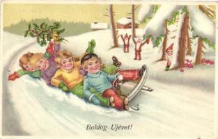 Újév / New Year, sleighing, dwarves, litho