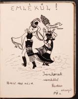 1940 Emlékkönyv ezüst, nyomott mintás fedőlappal, benne szép akvarell és más rajzokkal