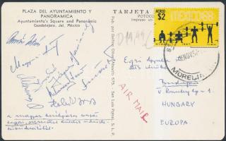 1968 Az olimpiai magyar kerékpáros csapat tagjainak (Juszkó János [1939- ] olimpiai bajnok, stb.) aláírása a mexikói olimpiáról elküldött levelezőlapon