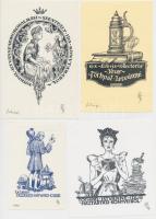 Petry Béla (1902-1996): 4 db ex libris érdekes témákban, klisé, papír, jelzettek, különböző méretben