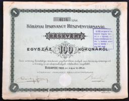 Budapest 1922. "Kőbányai Iparvasút Részvénytársaság" részvénye 100K-ról szelvényekkel T:III,III-