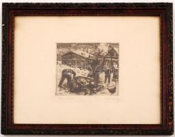 Kórusz József (1927-2010): Disznóölés. Rézkarc, papír, jelzett, üvegezett keretben, 16x13 cm